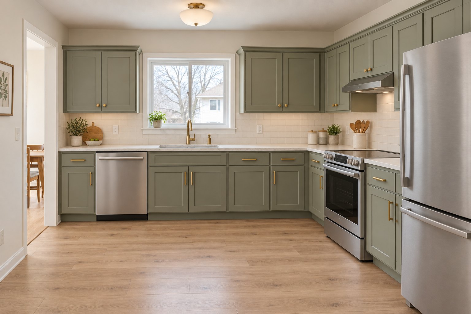 AI-generated renovation concept: sage cabinetry, quartz countertops, and stainless appliances in the same kitchen