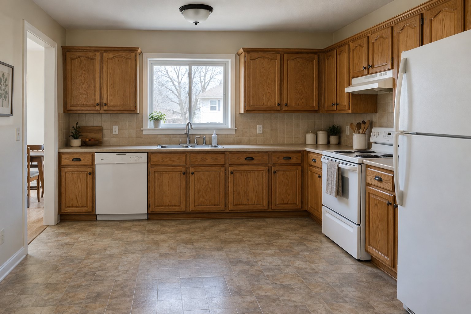 AI-generated before concept: dated oak kitchen with white appliances